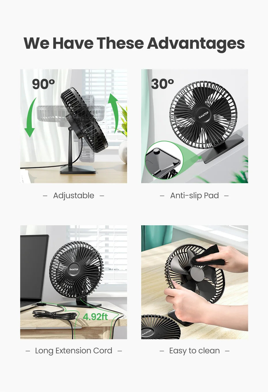 SilentUSBWind Adjustable Desk Fan 4-Speed Ultra Quiet